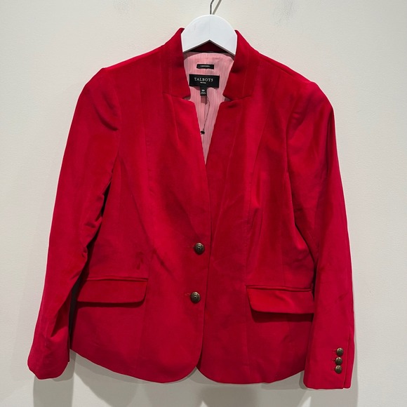 Talbots Aberdeen Red Velvet Blazer 10P Jacket Gold Button Holiday Classic Petite - Picture 2 of 9